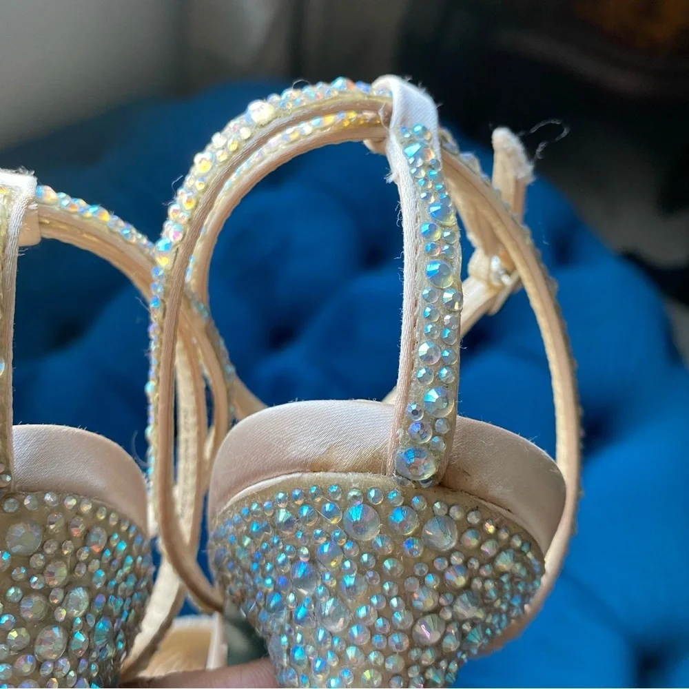 Betsey Johnson Nude Crystal Embellished T-Strap Heels